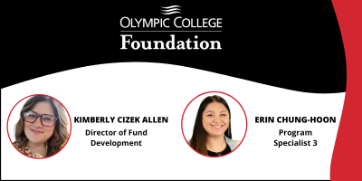 A woman wearing glasses next to the words "Kimberly Cizek Allen Director of Fund Development" and a woman with dark hair next to "Erin Chung-Hoon Program Specialist 3"